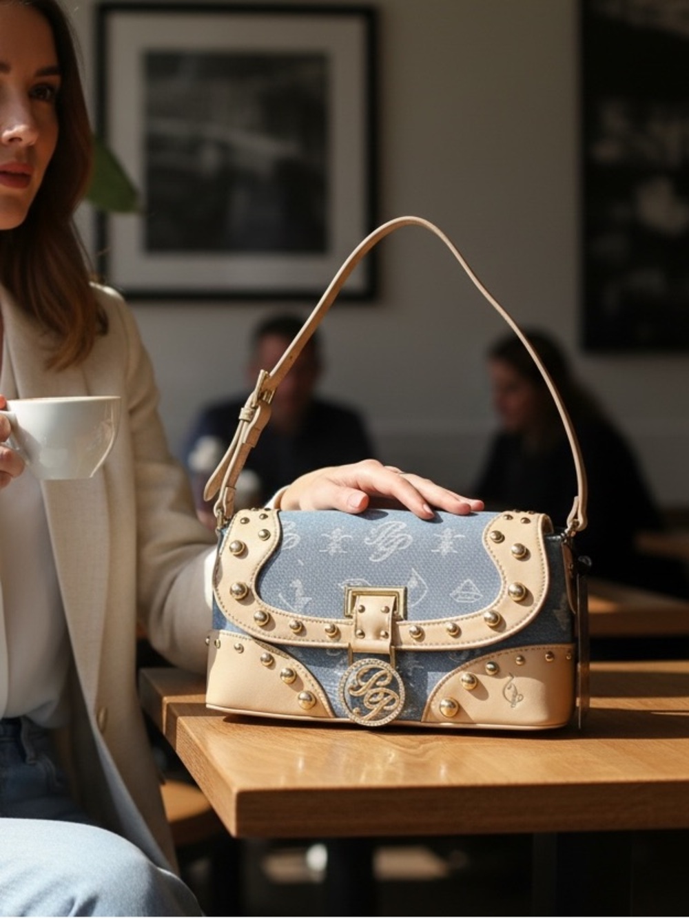 NWT Viral Baby Phat Denim Studded Flap Shoulder Bag Light Blue/Tan
